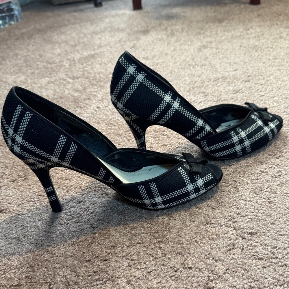 Lela Rose Adorable Black and White Plaid Fabric Peep-Toe Heels Size 8 - Picture 6 of 11
